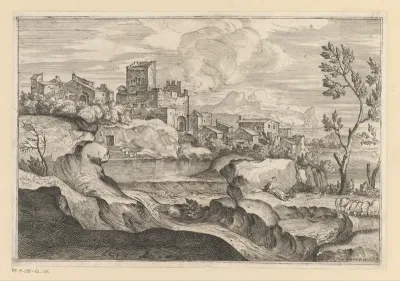 Landschap met een herder met kudde voor een stad