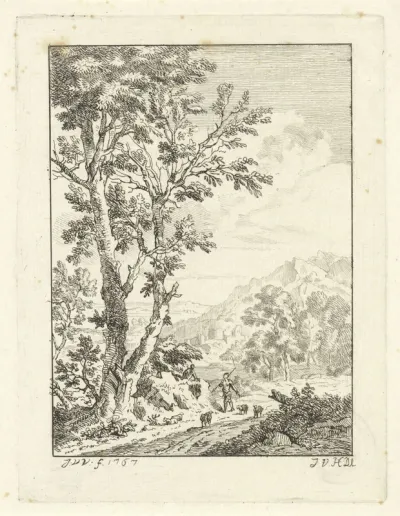 Landschap met een herder op een landweg