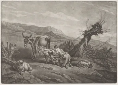 Landschap met een herderin die een geit melkt