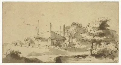 Landschap met een hooiberg en kar op een boerenerf