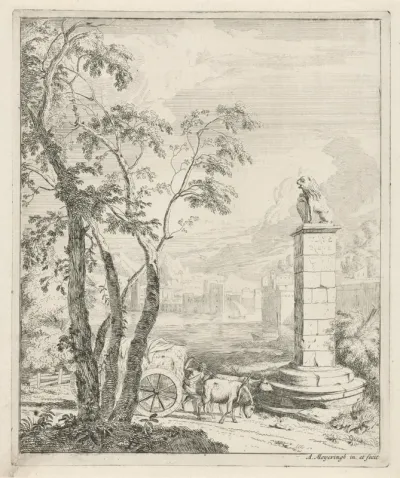 Landschap met een hooiwagen en een monument