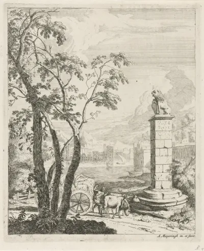 Landschap met een hooiwagen en een monument