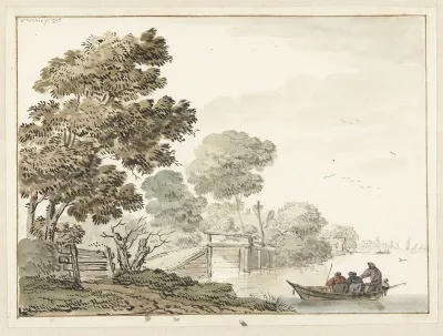 Landschap met een houten brug en bomen langs een vaart