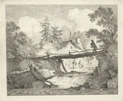 Landschap met een houten brug over een waterval