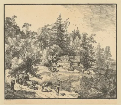 Landschap met een huis aan het water en een beladen boerenwagen
