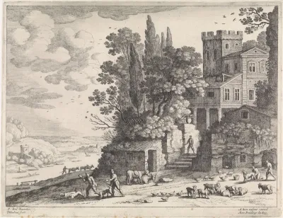 Landschap met een huis, figuren en vee