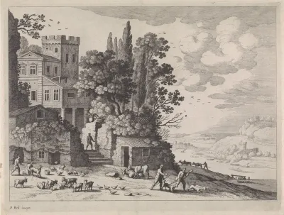 Landschap met een huis, figuren en vee