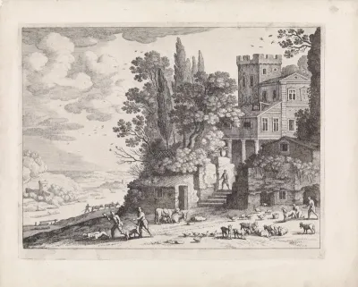 Landschap met een huis, figuren en vee