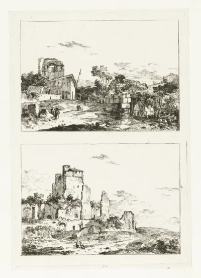 Landschap met een huis met vlaggenstok en Landschap met hoge ruïne