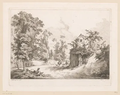 Landschap met een huis op een heuvel en een voorbijtrekkende herder