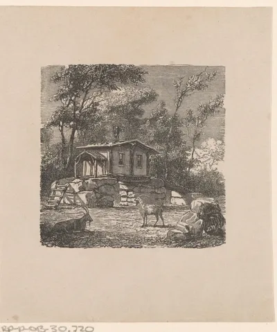 Landschap met een huis op stenen palen