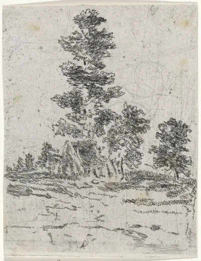 Landschap met een hut onder bomen