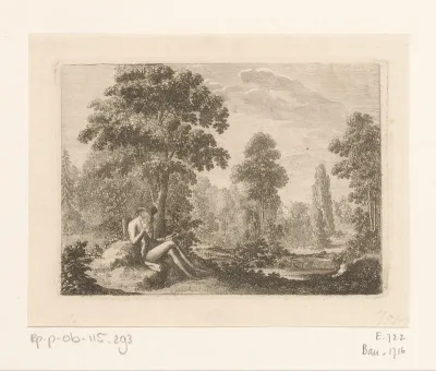 Landschap met een jongeman die naar het silhouet van een vrouw kijkt