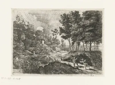 Landschap met een jongen en een vrouw met een kruik