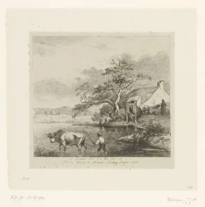 Landschap met een jongen en stier in het water