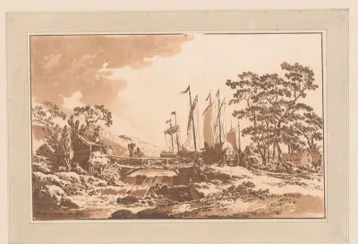 Landschap met een kar bij een brug waaronder een waterval