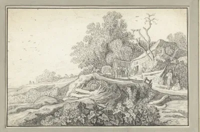 Landschap met een kar en figuren bij een boerderij