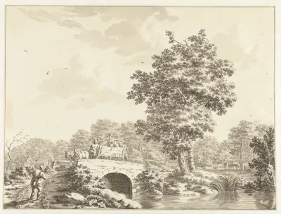 Landschap met een kar op een stenen brug