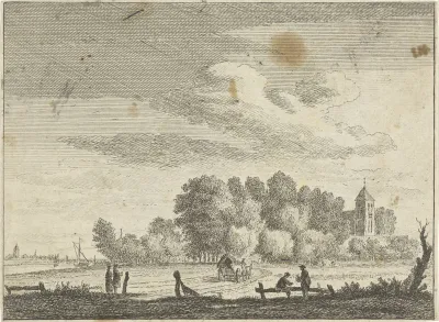 Landschap met een kerk achter bomen