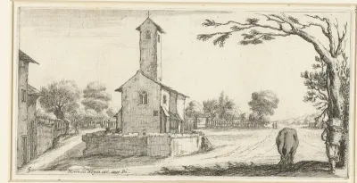 Landschap met een kerk, op de koorzijde gezien