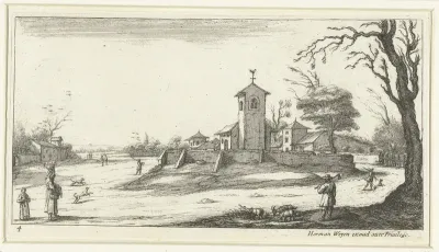 Landschap met een kerk, op de toren gezien