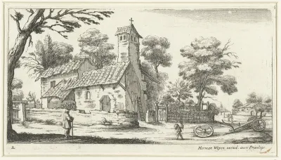 Landschap met een kerk, op de zijmuur gezien