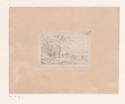Landschap met een klein gebouw tussen kale bomen