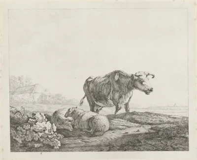 Landschap met een koe en twee schapen
