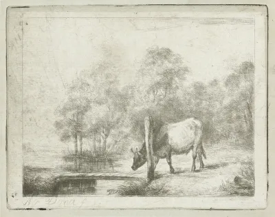 Landschap met een koe naast een sloot