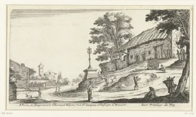 Landschap met een kruis aan een dorpsweg