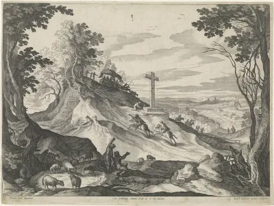 Landschap met een kruis op een heuvel