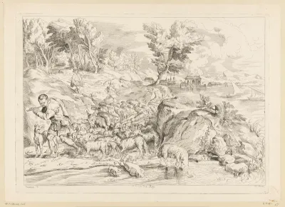 Landschap met een kudde schapen en een fluit-spelende herder voorop
