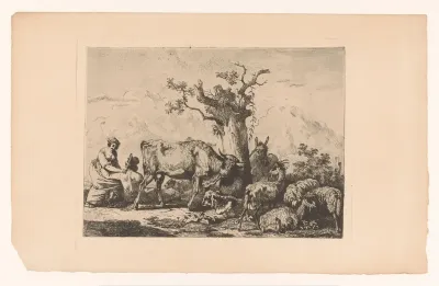 Landschap met een kudde vee rondom een boom en een man en vrouw die elkaar omarmen