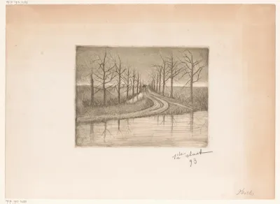 Landschap met een laan met kale bomen bij een kanaal