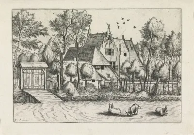 Landschap met een landhuis en een sloot