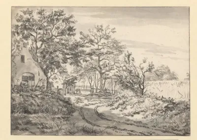 Landschap met een landweg langs een huis en rechts een maisveld