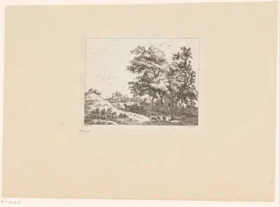 Landschap met een landweg waarop een boerenkar en schapen