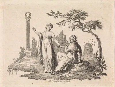 Landschap met een luitspelende vrouw en een vrouw die naar een klassieke zuil wijst