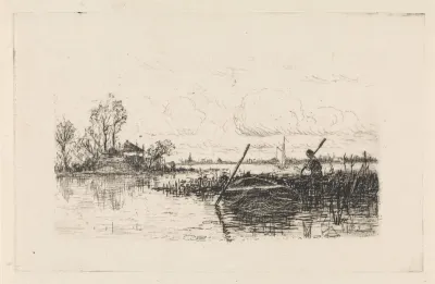 Landschap met een man bij een roeiboot