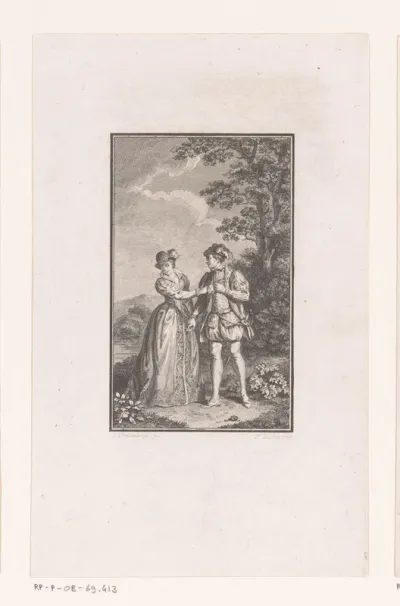 Landschap met een man die de handschoen van een vrouw uittrekt