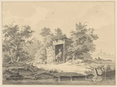 Landschap met een man die uit een schuur komt