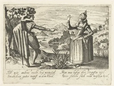 Landschap met een man en vrouw die een moraliserende tekst uitspreken