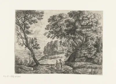 Landschap met een man en vrouw in gesprek