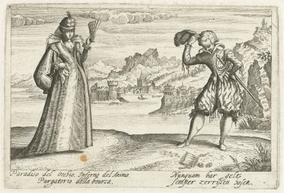 Landschap met een man en vrouw in nette kledij, de man kijkt naar twee dobbelstenen op de grond