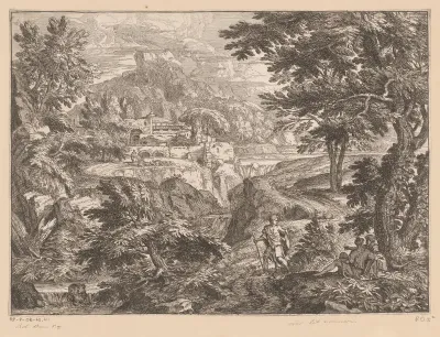 Landschap met een man en vrouw onder een boom gezeten en een staande man op een pad