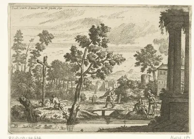 Landschap met een man knielend voor een Kruis