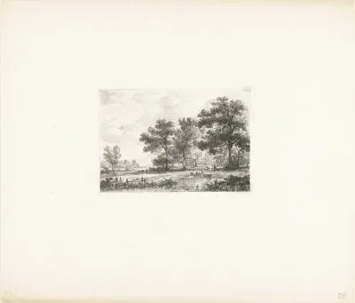 Landschap met een man op een bankje onder een boom