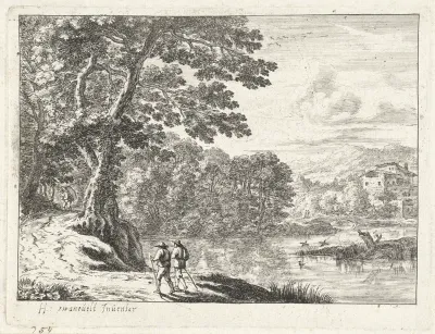 Landschap met een marskramer en wandelaars