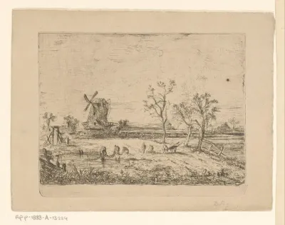 Landschap met een molen en vissers met een visnet