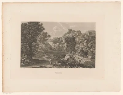 Landschap met een nederzetting op een heuvel
